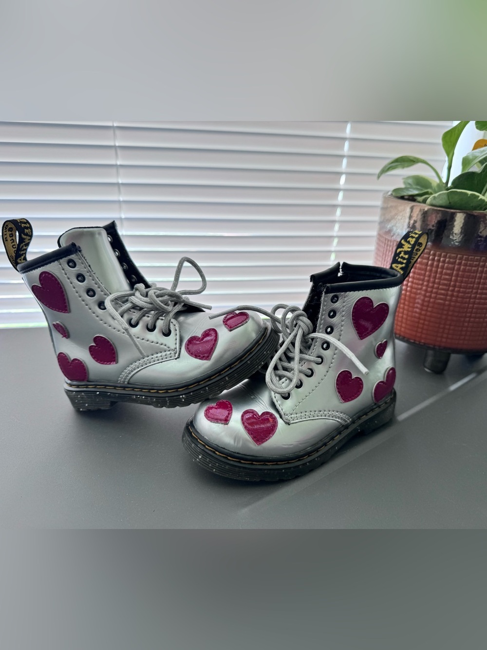 Dr. Martens Kids Metallic Silver Boots with Pink Heart Accents